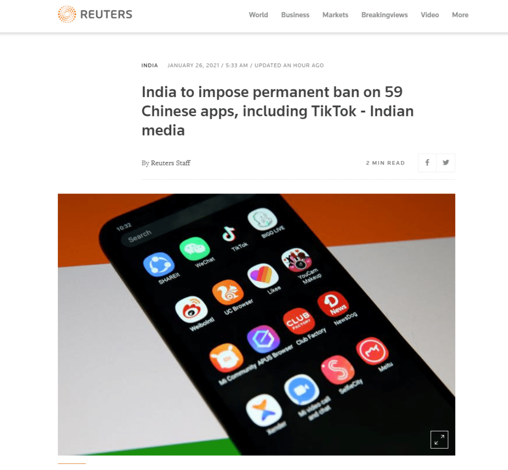 综合《印度时报》和路透社等外媒26日消息，印度电子和信息技术部发布最新通知，将在今年6月永久禁止59款中国手机应用程序，包括TikTok（抖音海外版）、百度、Wechat（微信）和UC浏览器等。