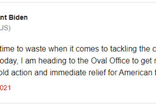 英国《卫报》消息，拜登已经接管了@POTUS总统推特账号，他用第一条推特承诺 “采取大胆行动，立即为美国家庭提供救济”。