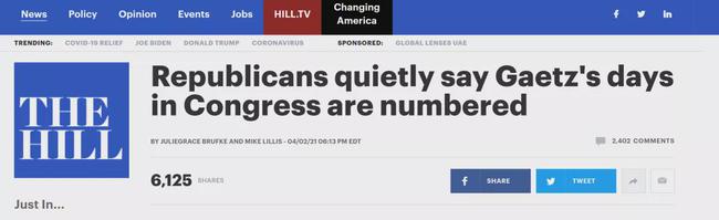 佛罗里达州共和党籍国会众议员盖兹(Matt Gaetz)涉嫌付费与17岁未成年女孩发生性关系的丑闻还在延烧。 据《国会山报》消息，4月2日，一位共和党议员透露，盖茨在国会山待不了太久了。
