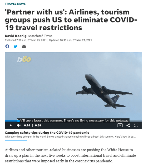 据报道，4月3日全美许多旅行业和航空业组织联名致信白宫新冠疫情应对小组，要求解除国际旅行限制。有望于最早在5月前取消在新冠疫情早期实施的种种国际旅行限制，恢复国际人员往来常态，解除对欧洲、中国和其他地区实施的旅行禁令。