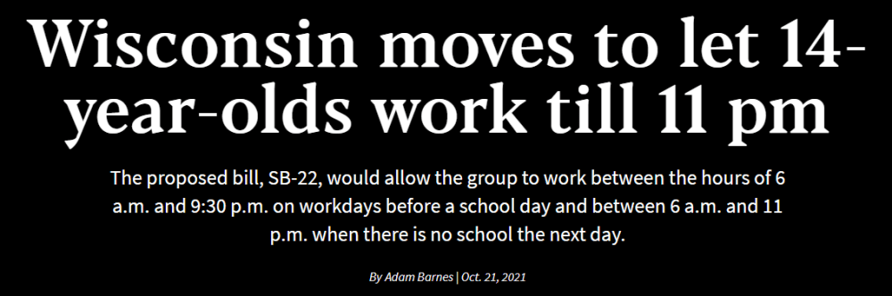 威斯康星州通过法案：允许14-15岁童工最晚工作至23点