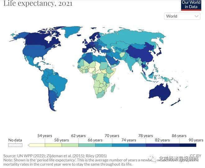 联合国公布全球各地预期寿命￼